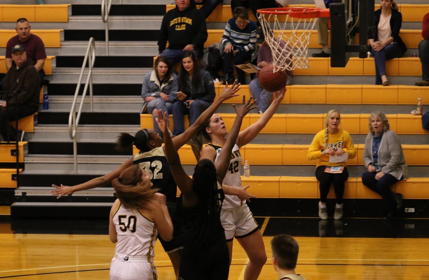EWC freshman Montse Gutierrez Ibanez attempts a layup during the Lancers' 78-70 win over Northeastern on Tuesday night.