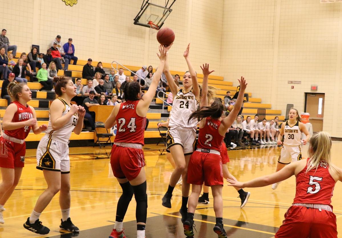EWC sophomore Mar Bastida Olivares attempts a shot in the key during the first half of Saturday's home win against Western Wyoming.
